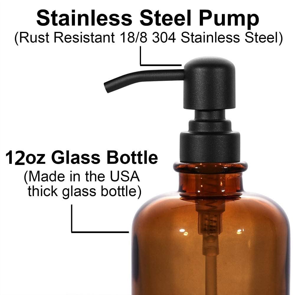 2-Pack Amber Glass Soap Dispensers With Matte Black Stainless Steel Pumps, 12 Oz Refillable Bottles For Kitchen & Bathroom (12Oz